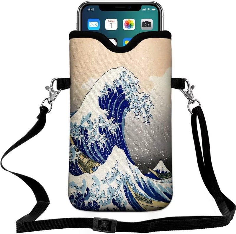 FREZORA Cell Phone Sleeves Bag Case Crossbody Neoprene Holder Lanyard Phone Pouch for Women Men 7.5 X 4.5 Inches - Sea Waves - Image 1